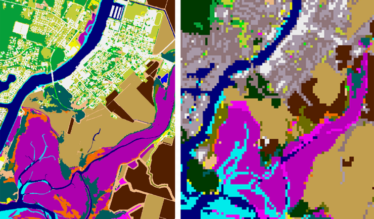 split pane with 1-meter land cover data on left showing details of roads, buildings, creeks, and wetlands. 30-meter land cover data on right showing blocky colors that don't provide details.