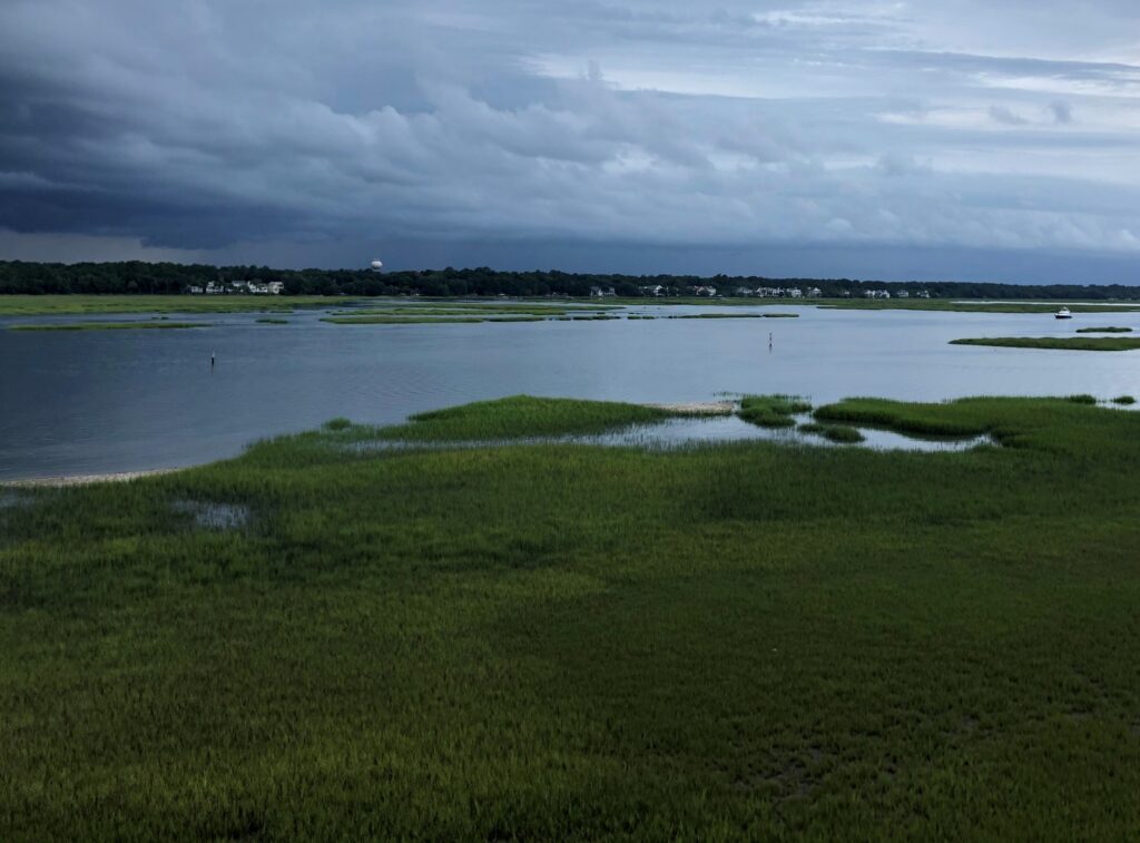 Vast tidal wetland with storm approaching